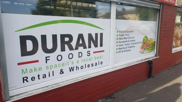 Durani Foods retail and wholesale fascia sign with product list