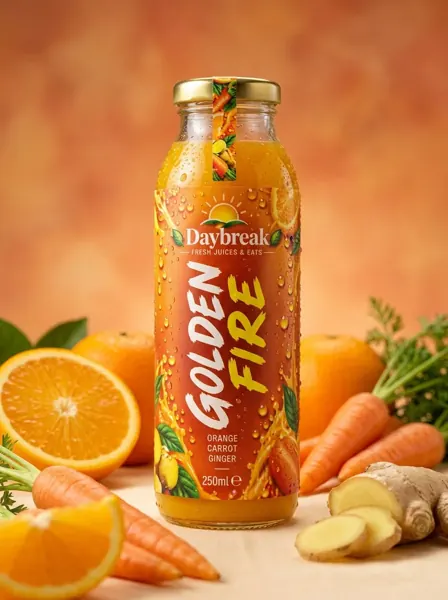 Daybreak Golden Fire juice bottle with its orange, carrot and ginger label