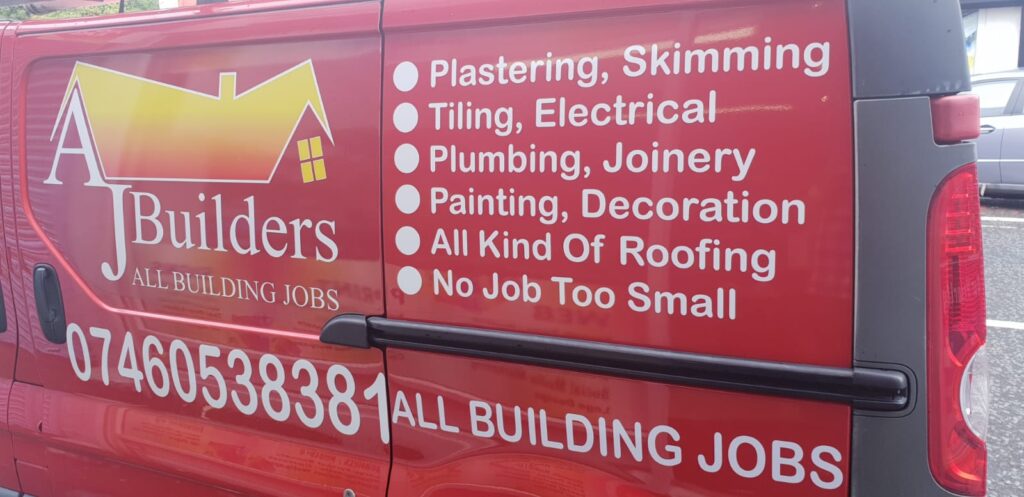AJ Builders van in red vinyl with services list and phone number, rear doors
