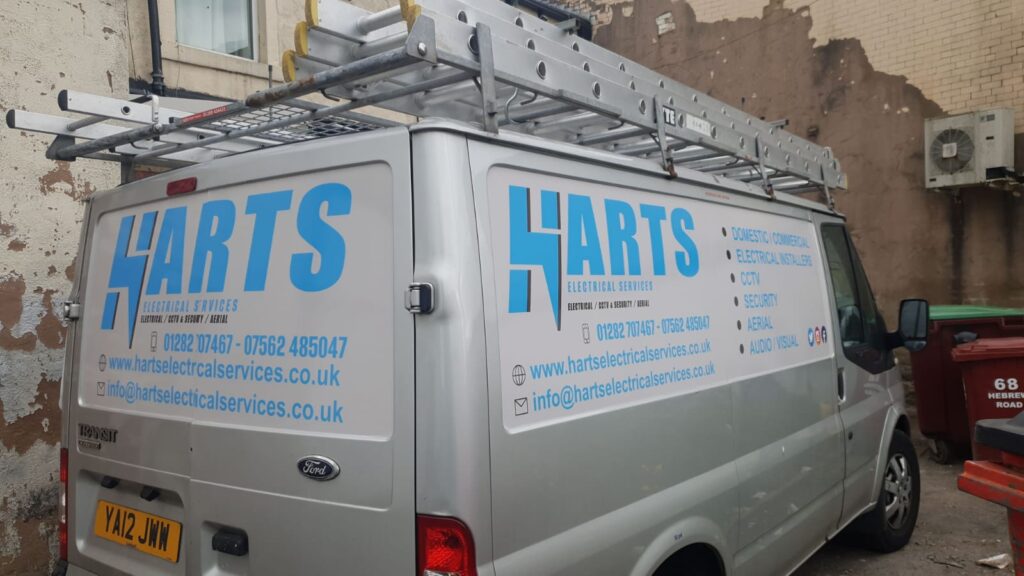 Harts Electrical Services van, full side graphics with logo, website and contact details