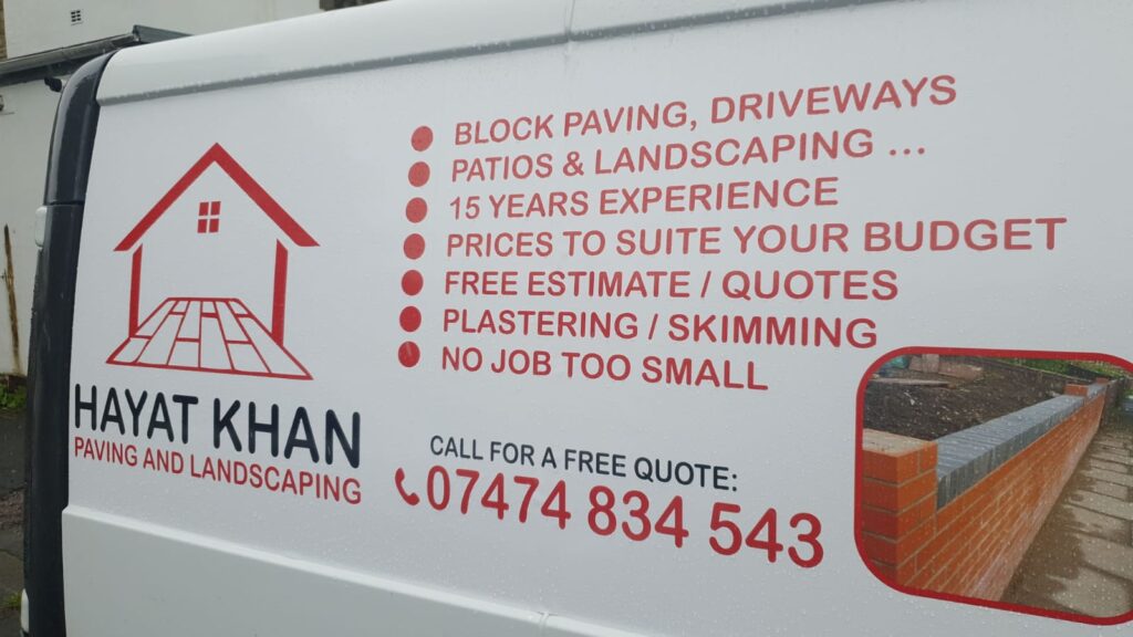 Hayat Khan Paving and Landscaping van with services list and free quote line