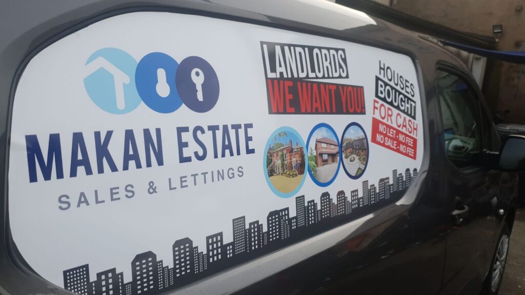 Makan Estate Sales and Lettings van with printed skyline graphics on the rear