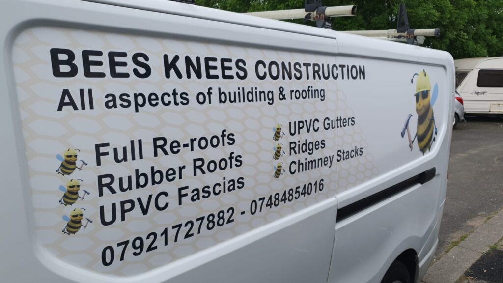 Bees Knees Construction van with full rear door graphics and services list