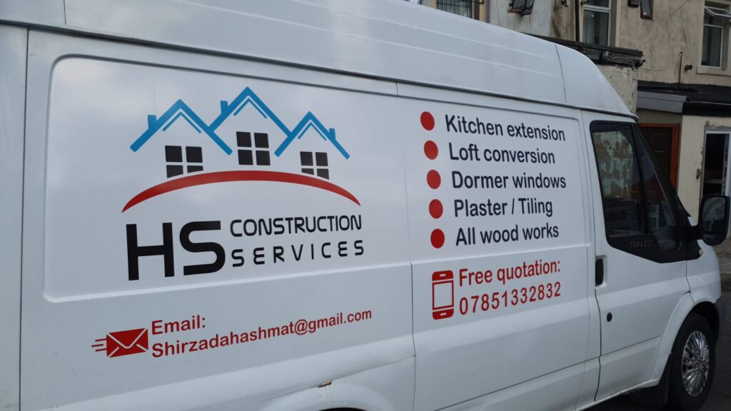 HS Construction Services Transit with logo, services and free quotation panel