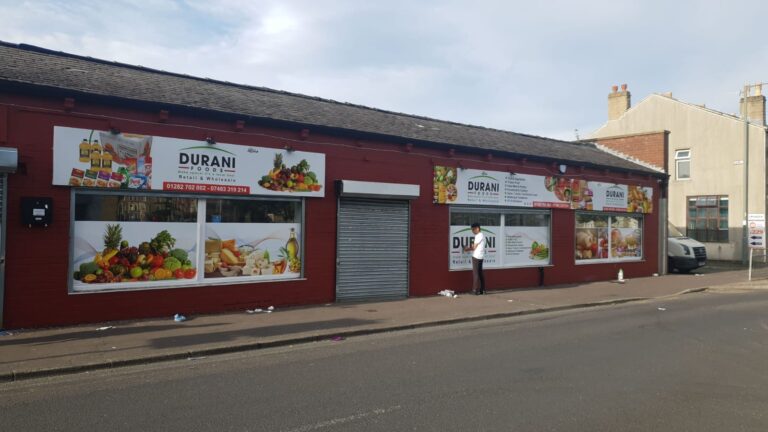 Durani Foods — fascia signs and window graphics — signage printed and fitted by Web Print Signs