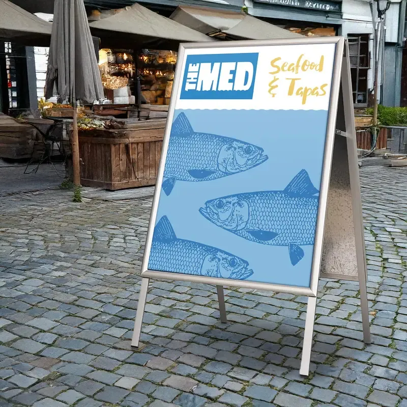 A-Frame Replacement Posters: a frame pavement sign outside a seafood restaurant