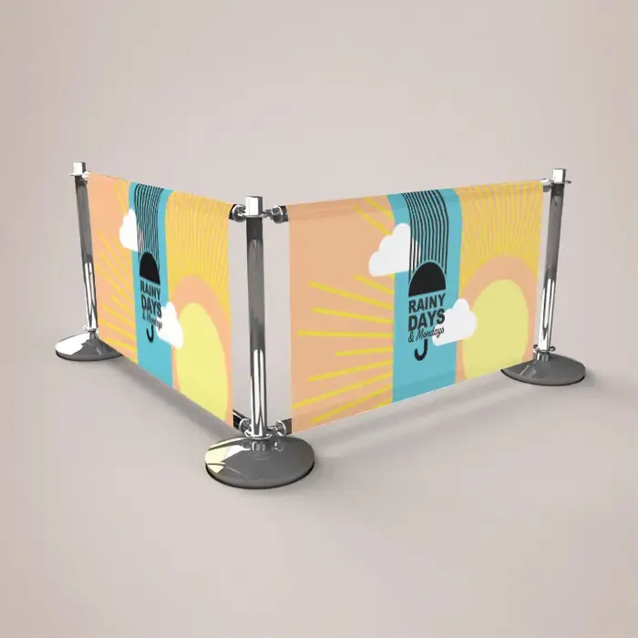 Cafe Barrier Banners: cafe barrier banners on chrome posts forming a corner