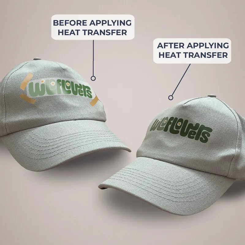 Two caps before and after a DTF transfer is heat pressed on