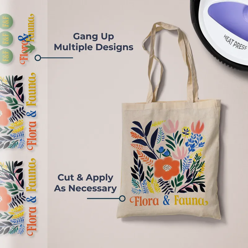 DTF sheet with several designs ganged up, one pressed onto a cotton tote bag