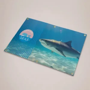 Wedding Backdrops: printed banner with a sea photo laid flat showing the eyelets