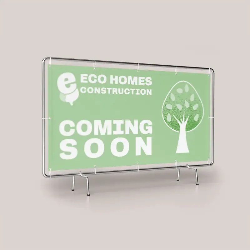 Scaffold Banners: printed coming soon site banner on a fence frame