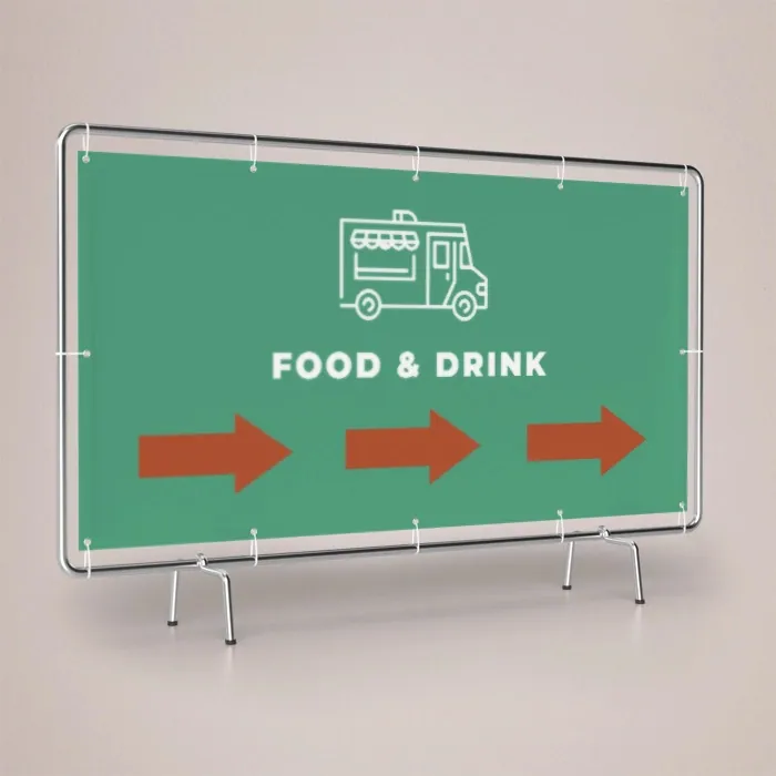 Heras Fence PVC Banners: printed event fence banner with arrows on a heras fence frame
