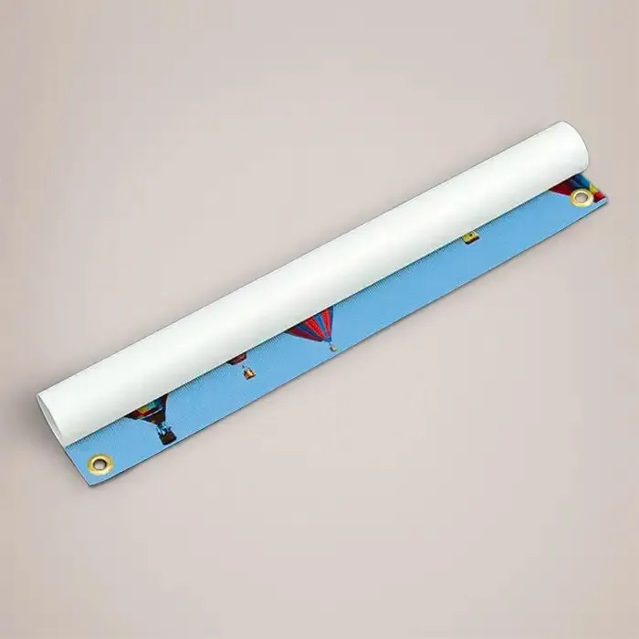 10ft x 3ft Mesh Banner: printed mesh banner rolled up