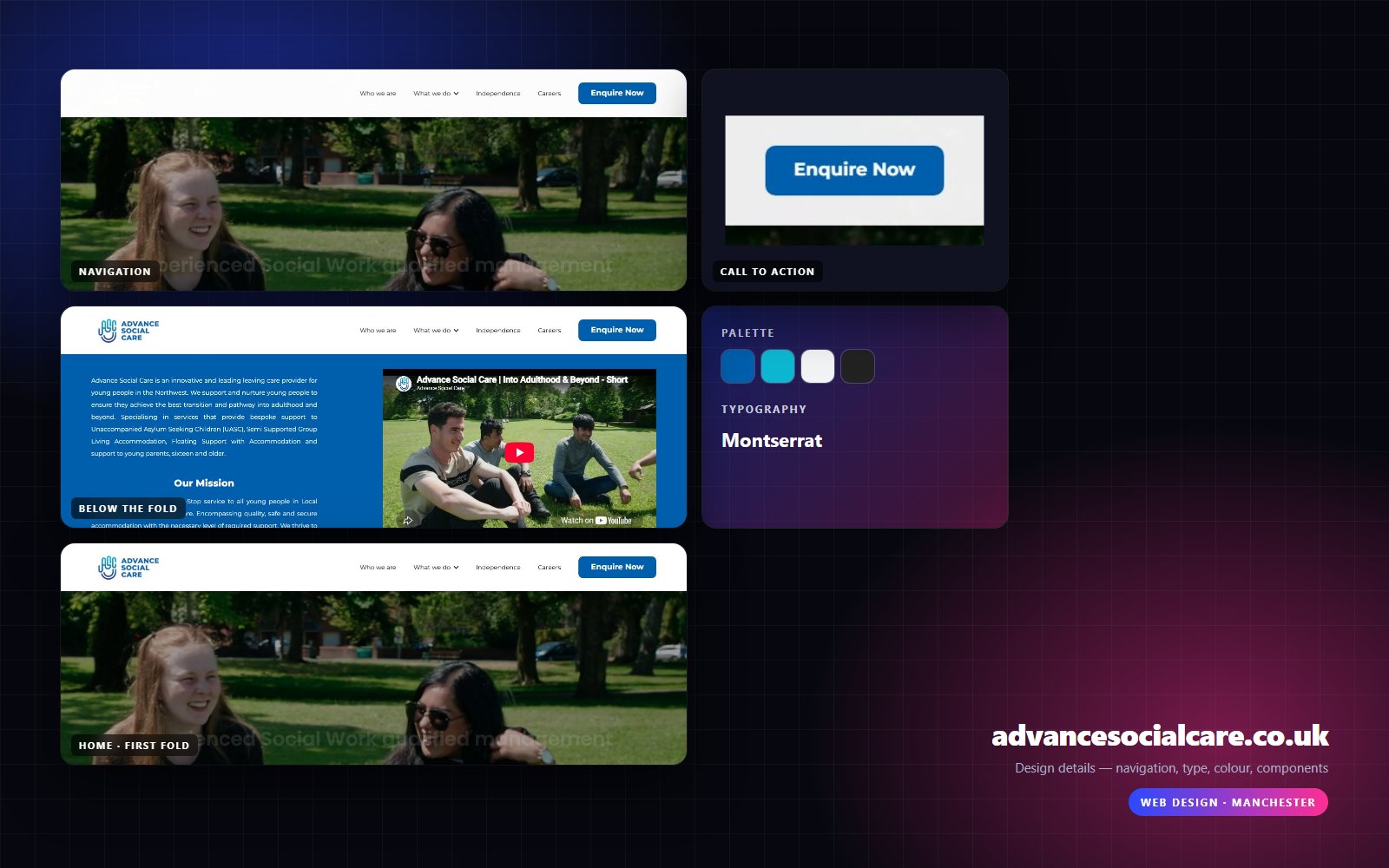 Design details from advancesocialcare.co.uk — navigation, headline, buttons, palette