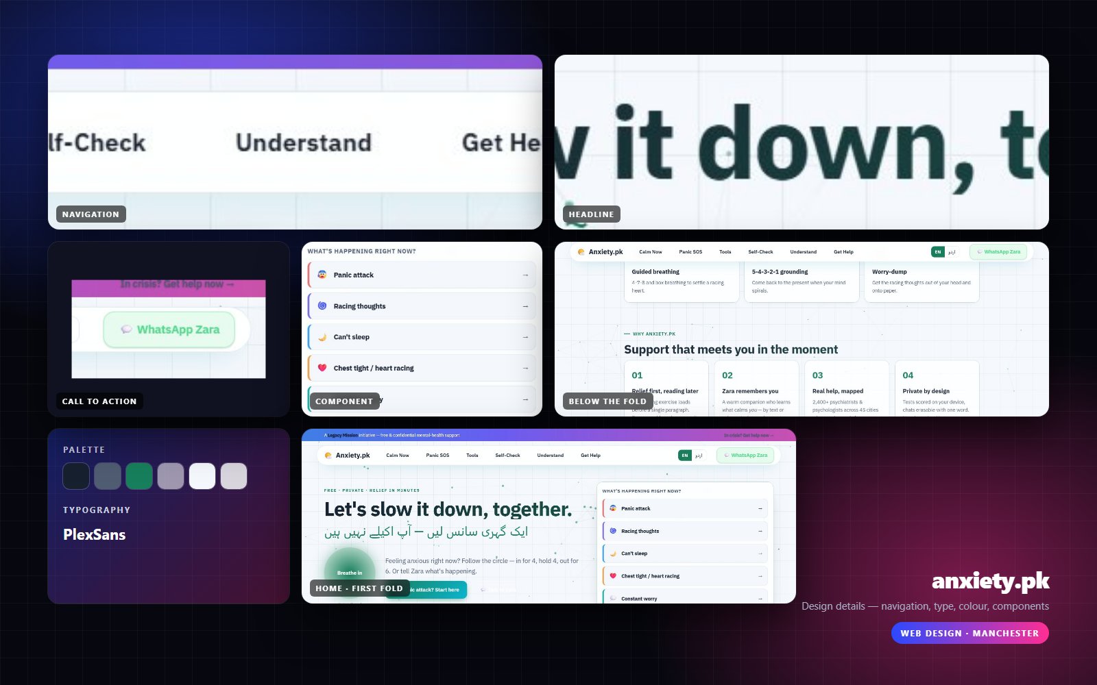 Design details from anxiety.pk — navigation, headline, buttons, palette