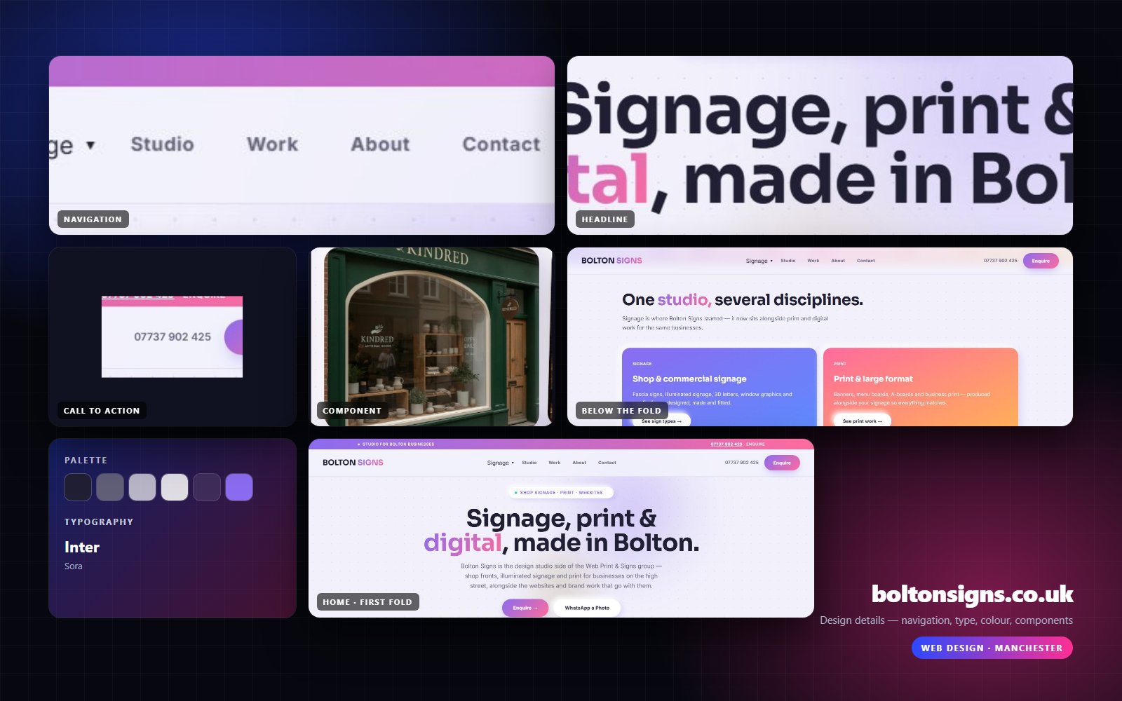 Design details from boltonsigns.co.uk — navigation, headline, buttons, palette