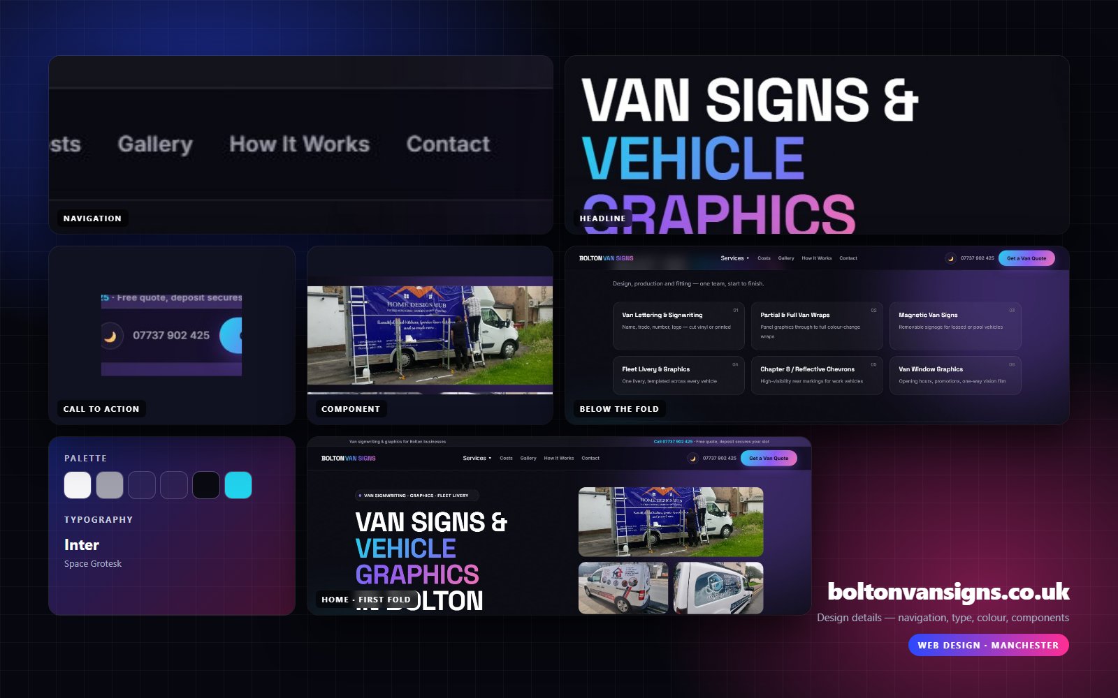 Design details from boltonvansigns.co.uk — navigation, headline, buttons, palette