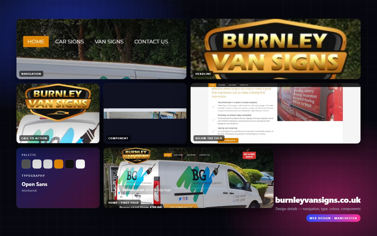 Design details from burnleyvansigns.co.uk — navigation, headline, buttons, palette