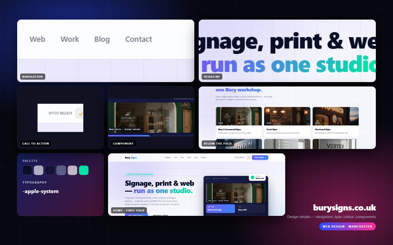 Design details from burysigns.co.uk — navigation, headline, buttons, palette