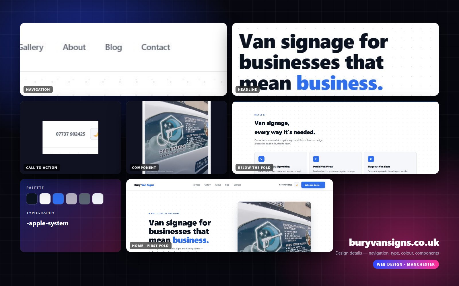 Design details from buryvansigns.co.uk — navigation, headline, buttons, palette