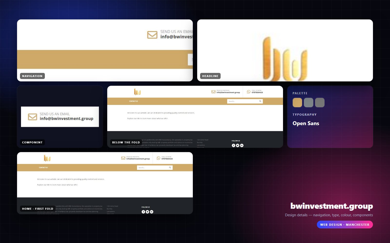 Design details from bwinvestment.group — navigation, headline, buttons, palette