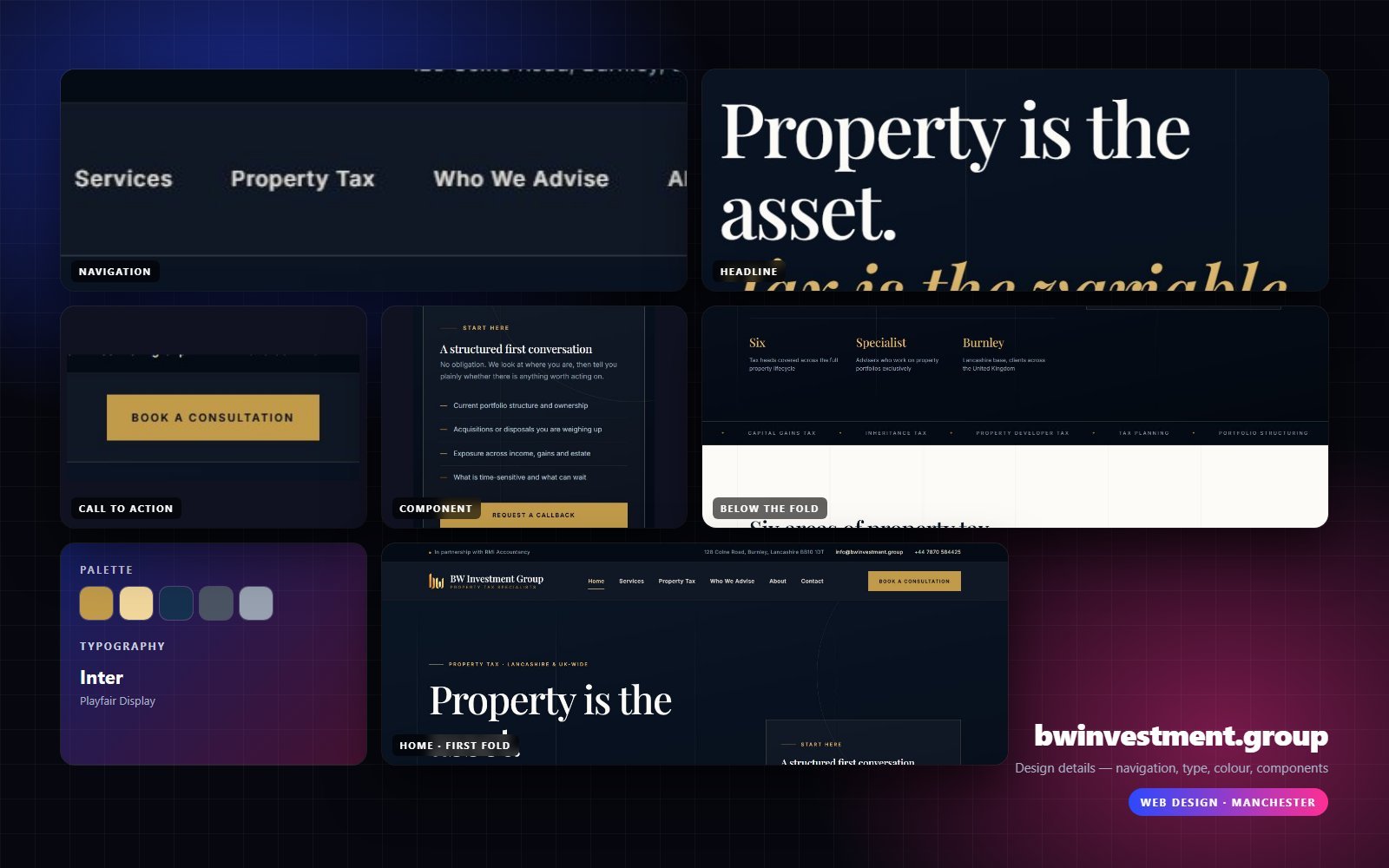 Design details from bwinvestment.group — navigation, headline, buttons, palette