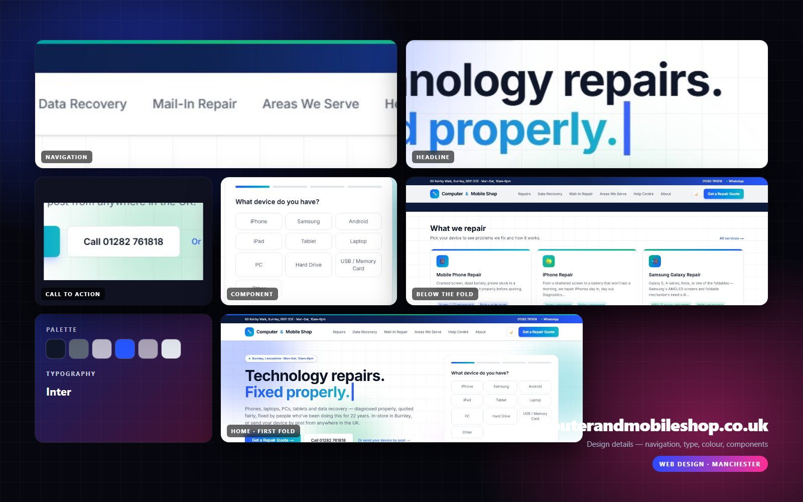 Design details from computerandmobileshop.co.uk — navigation, headline, buttons, palette