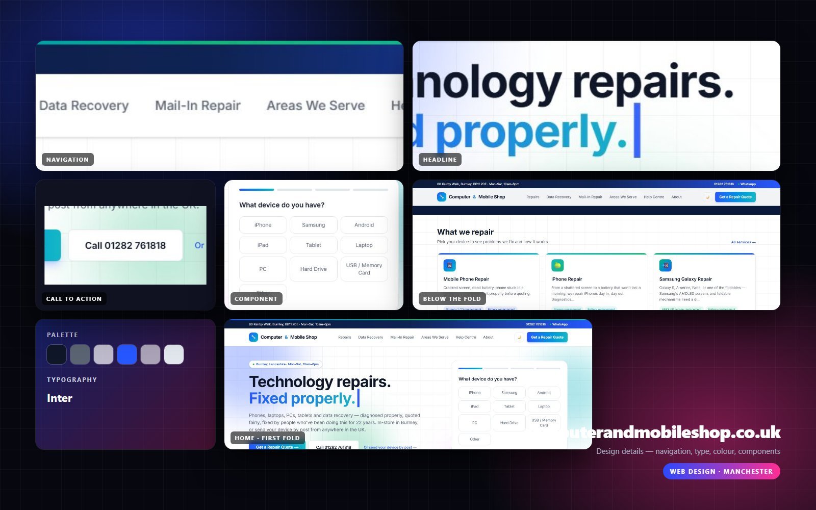 Design details from computerandmobileshop.co.uk — navigation, headline, buttons, palette