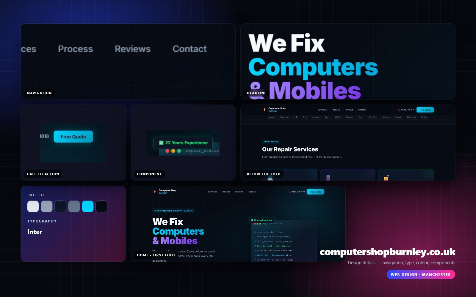 Design details from computershopburnley.co.uk — navigation, headline, buttons, palette