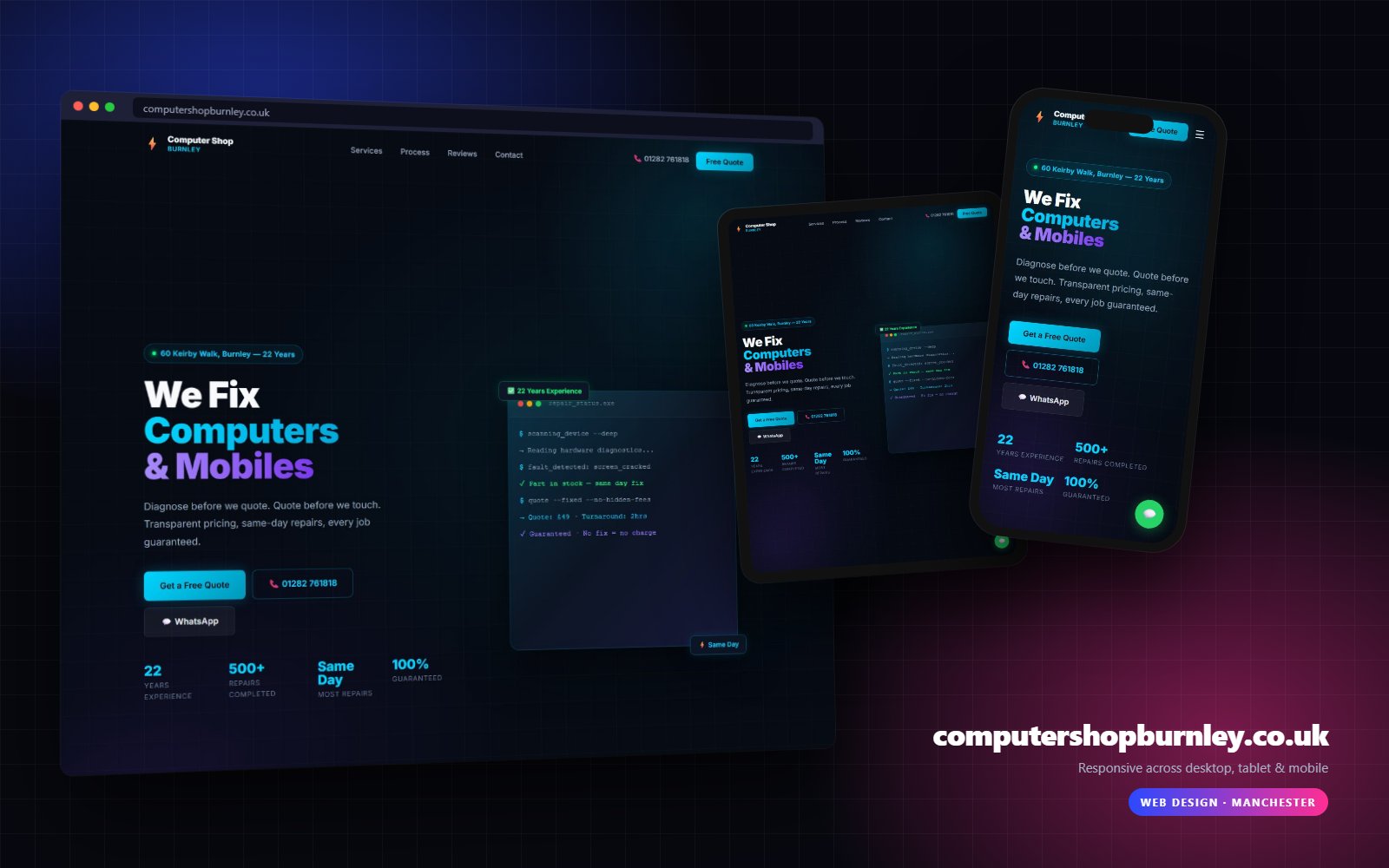computershopburnley.co.uk shown on desktop, tablet and mobile