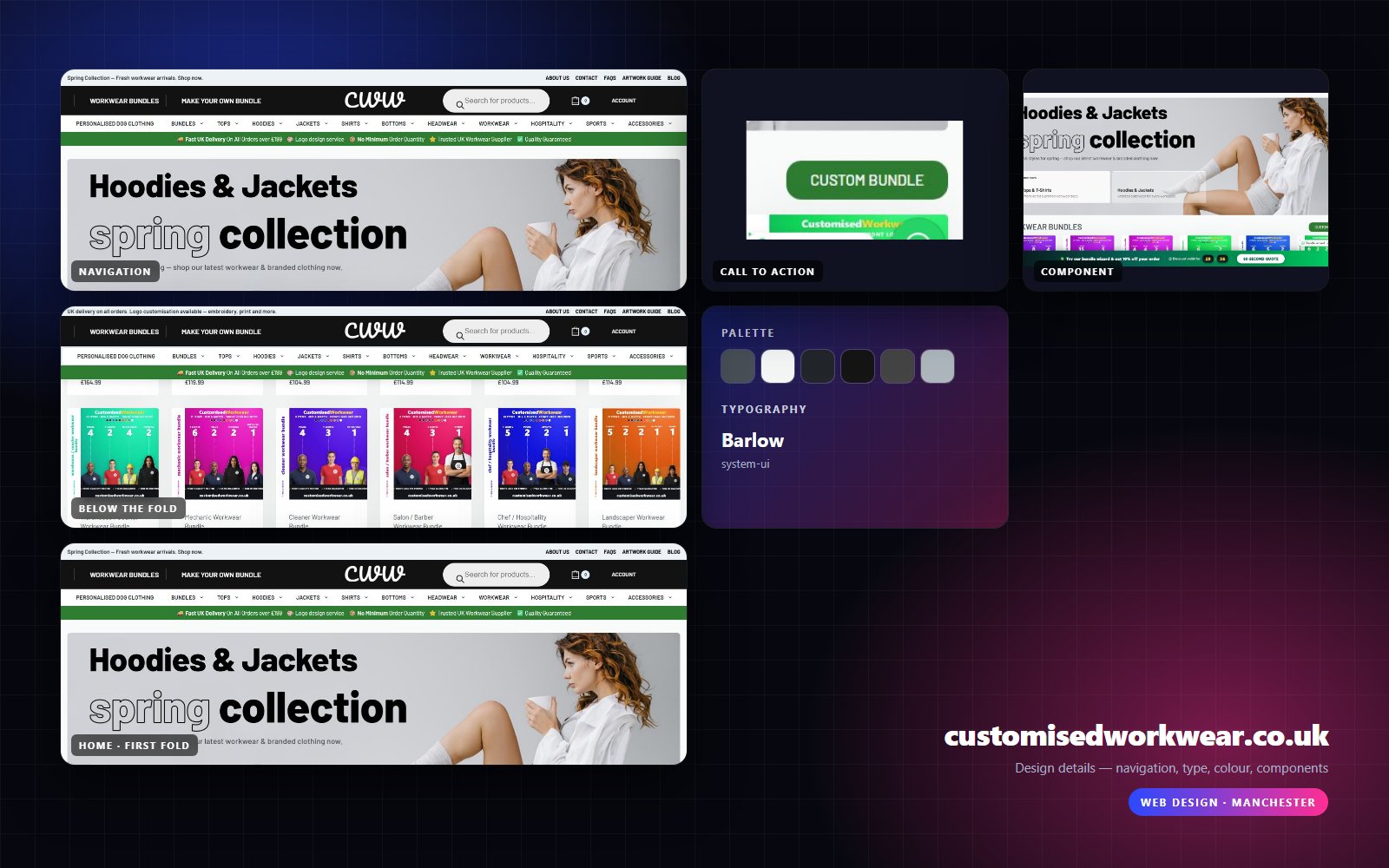 Design details from customisedworkwear.co.uk — navigation, headline, buttons, palette