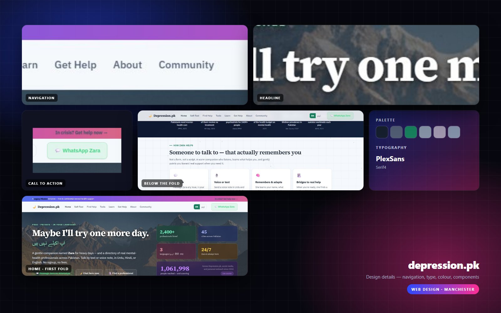 Design details from depression.pk — navigation, headline, buttons, palette
