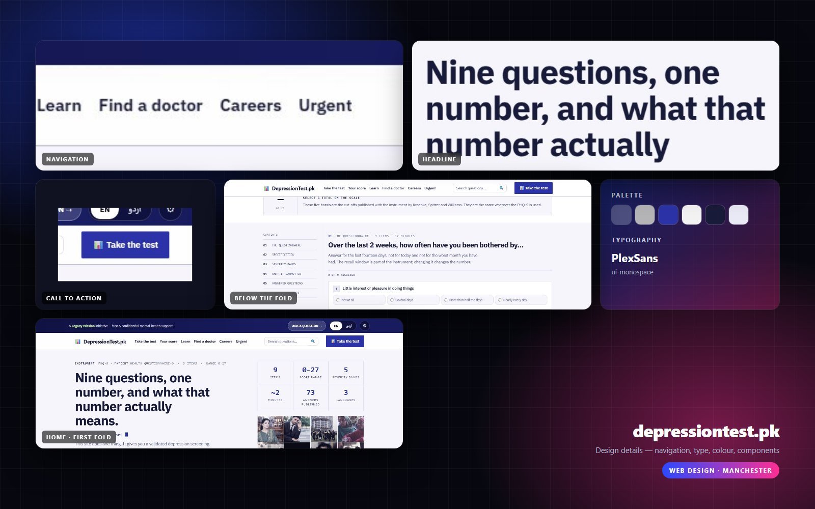 Design details from depressiontest.pk — navigation, headline, buttons, palette