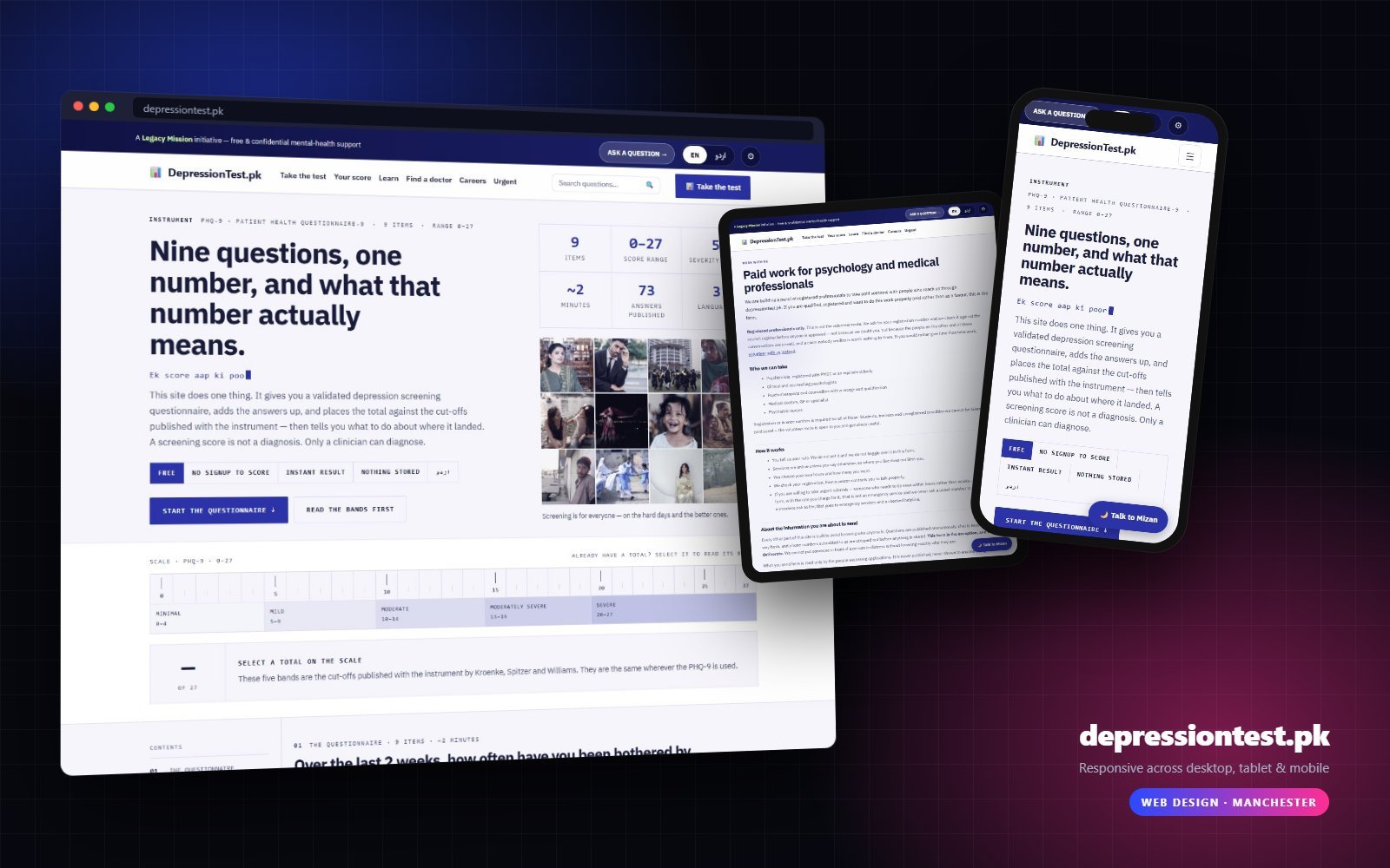 depressiontest.pk shown on desktop, tablet and mobile