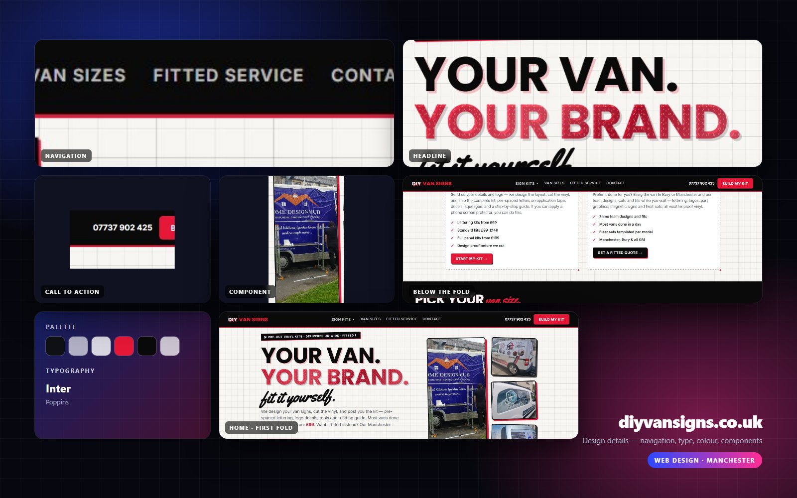 Design details from diyvansigns.co.uk — navigation, headline, buttons, palette