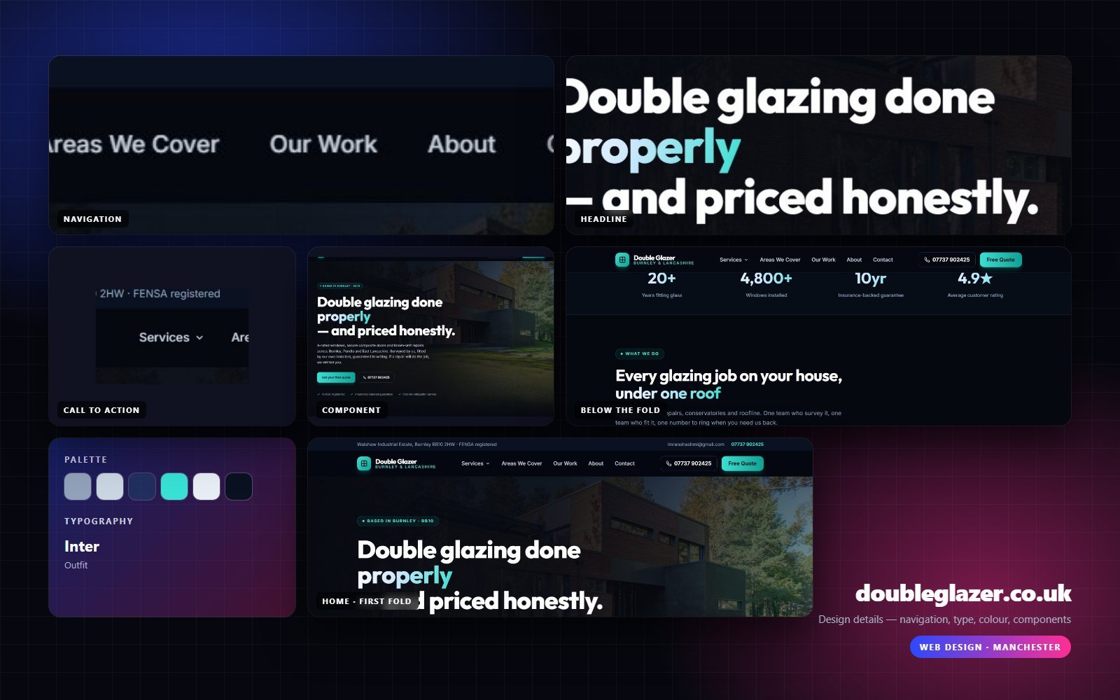 Design details from doubleglazer.co.uk — navigation, headline, buttons, palette