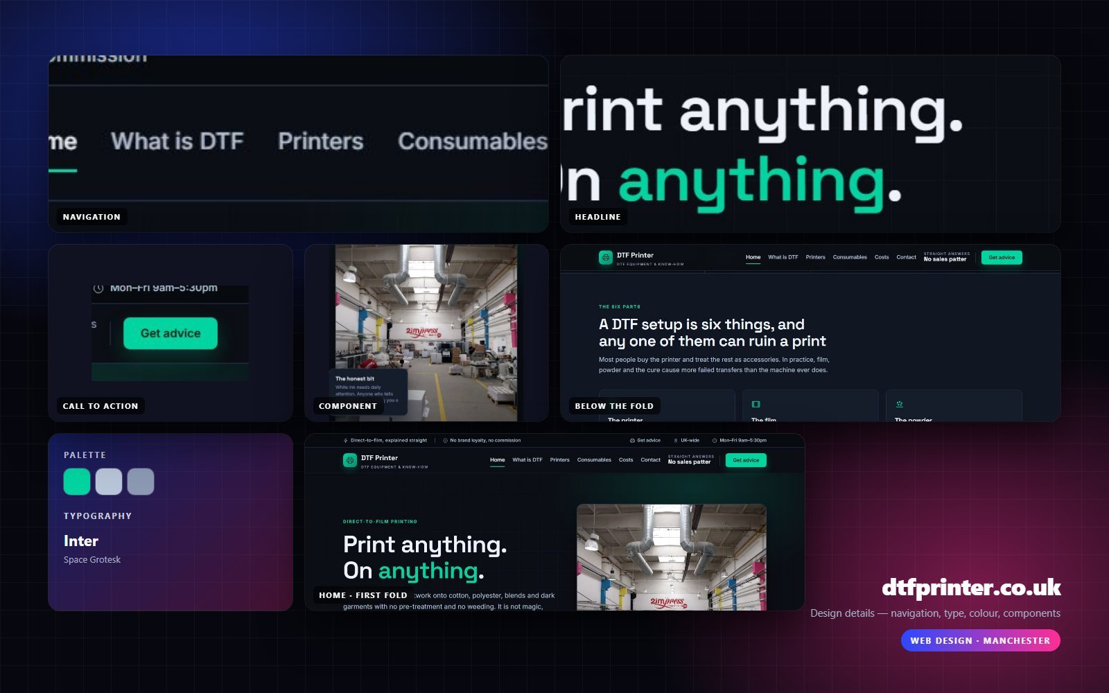 Design details from dtfprinter.co.uk — navigation, headline, buttons, palette