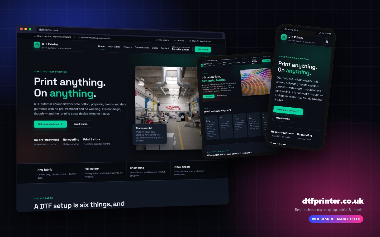 dtfprinter.co.uk shown on desktop, tablet and mobile