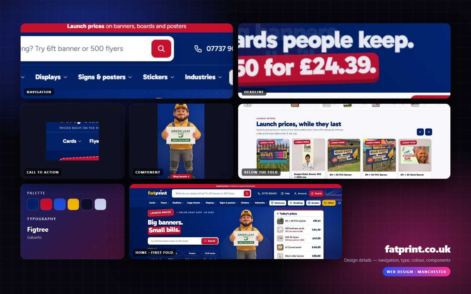 Design details from fatprint.co.uk — navigation, headline, buttons, palette