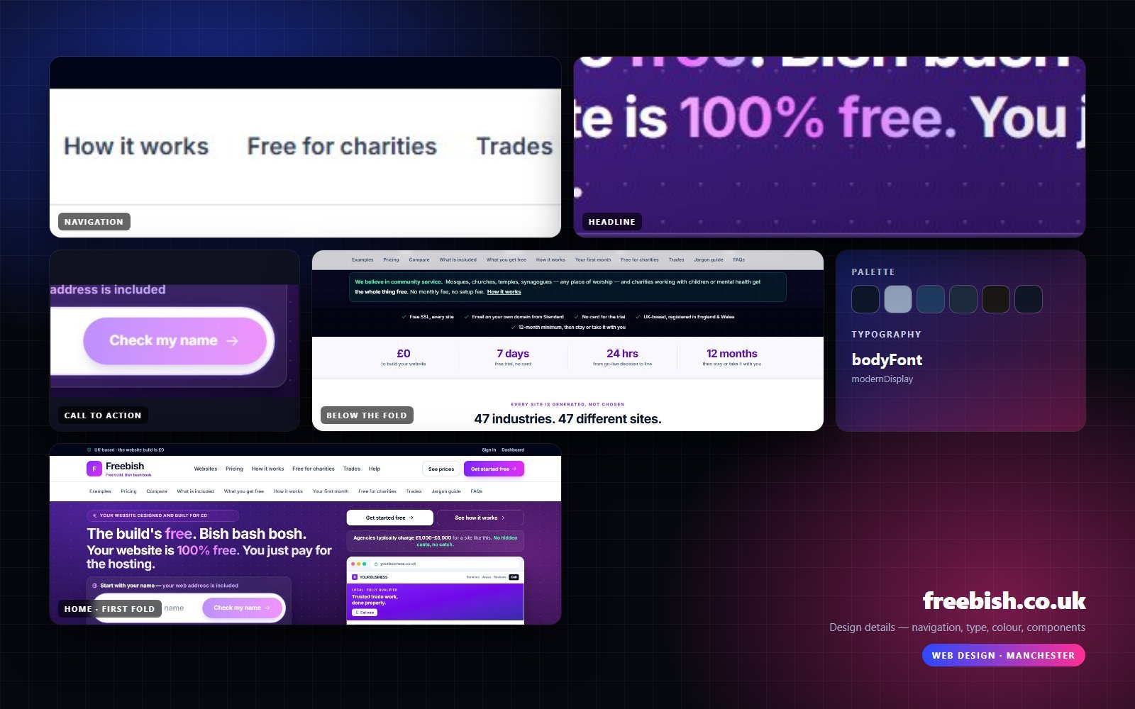 Design details from freebish.co.uk — navigation, headline, buttons, palette