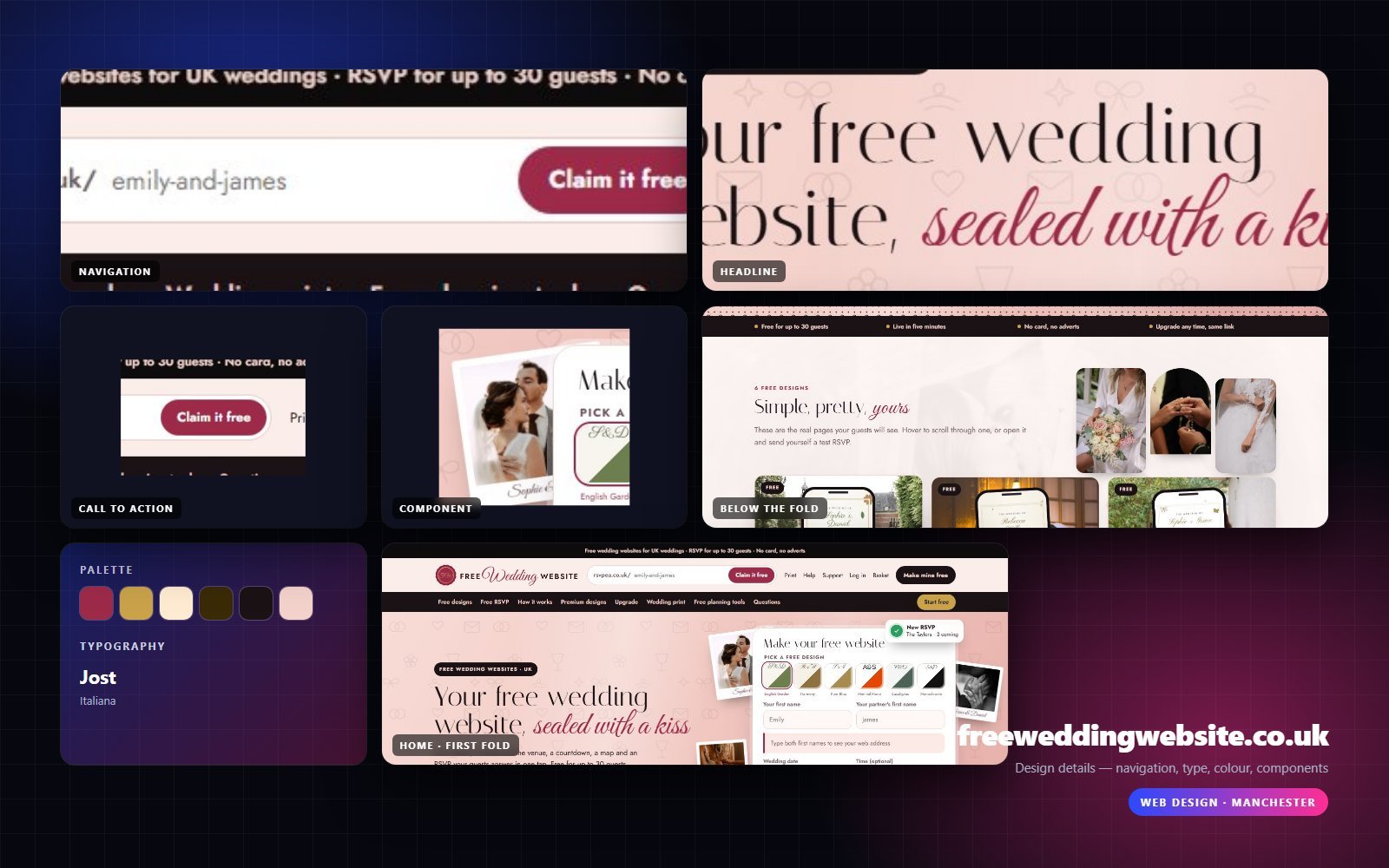 Design details from freeweddingwebsite.co.uk — navigation, headline, buttons, palette
