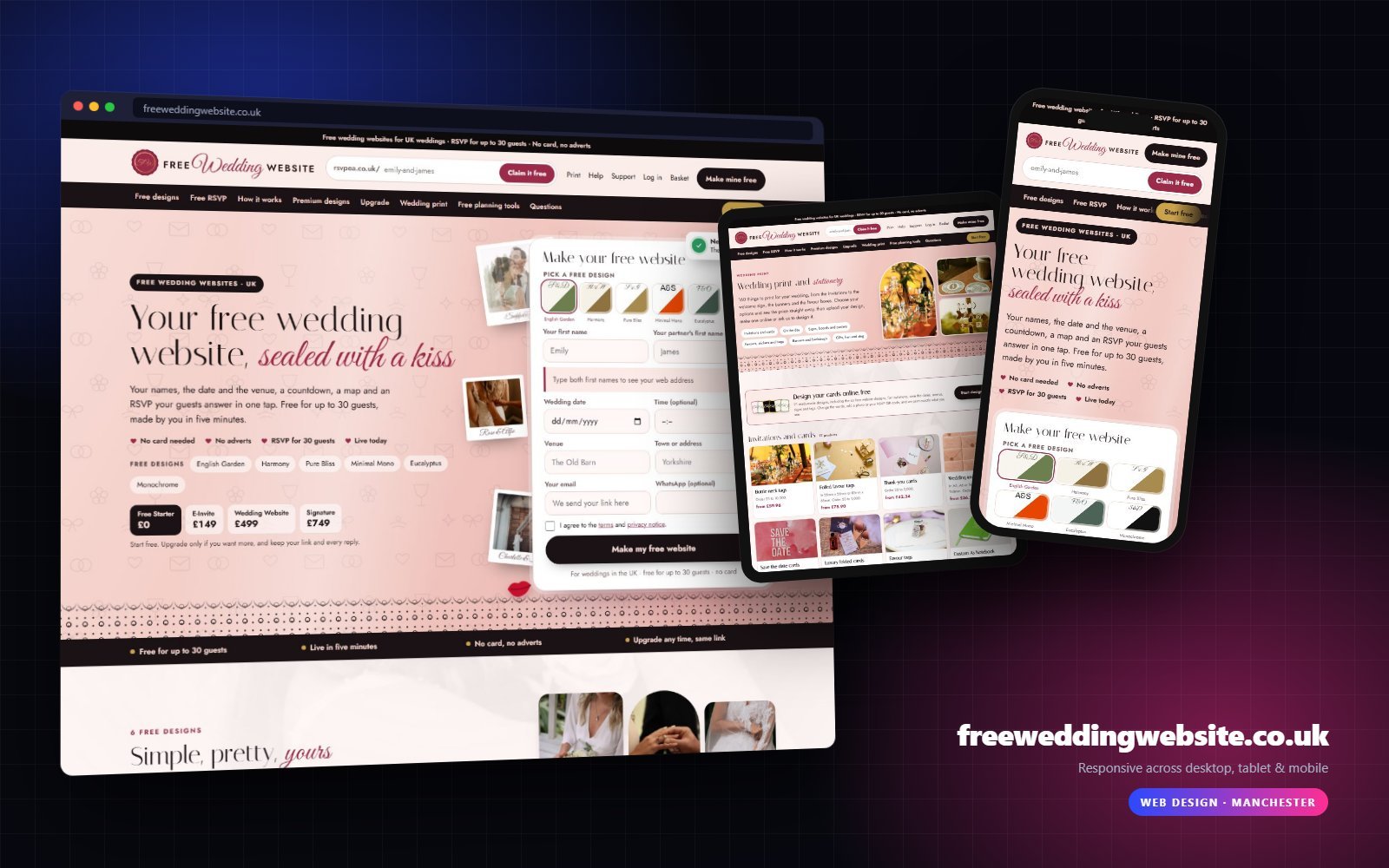 freeweddingwebsite.co.uk shown on desktop, tablet and mobile
