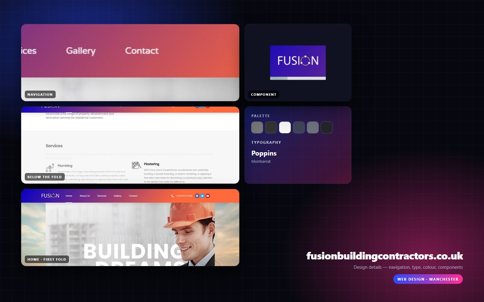 Design details from fusionbuildingcontractors.co.uk — navigation, headline, buttons, palette