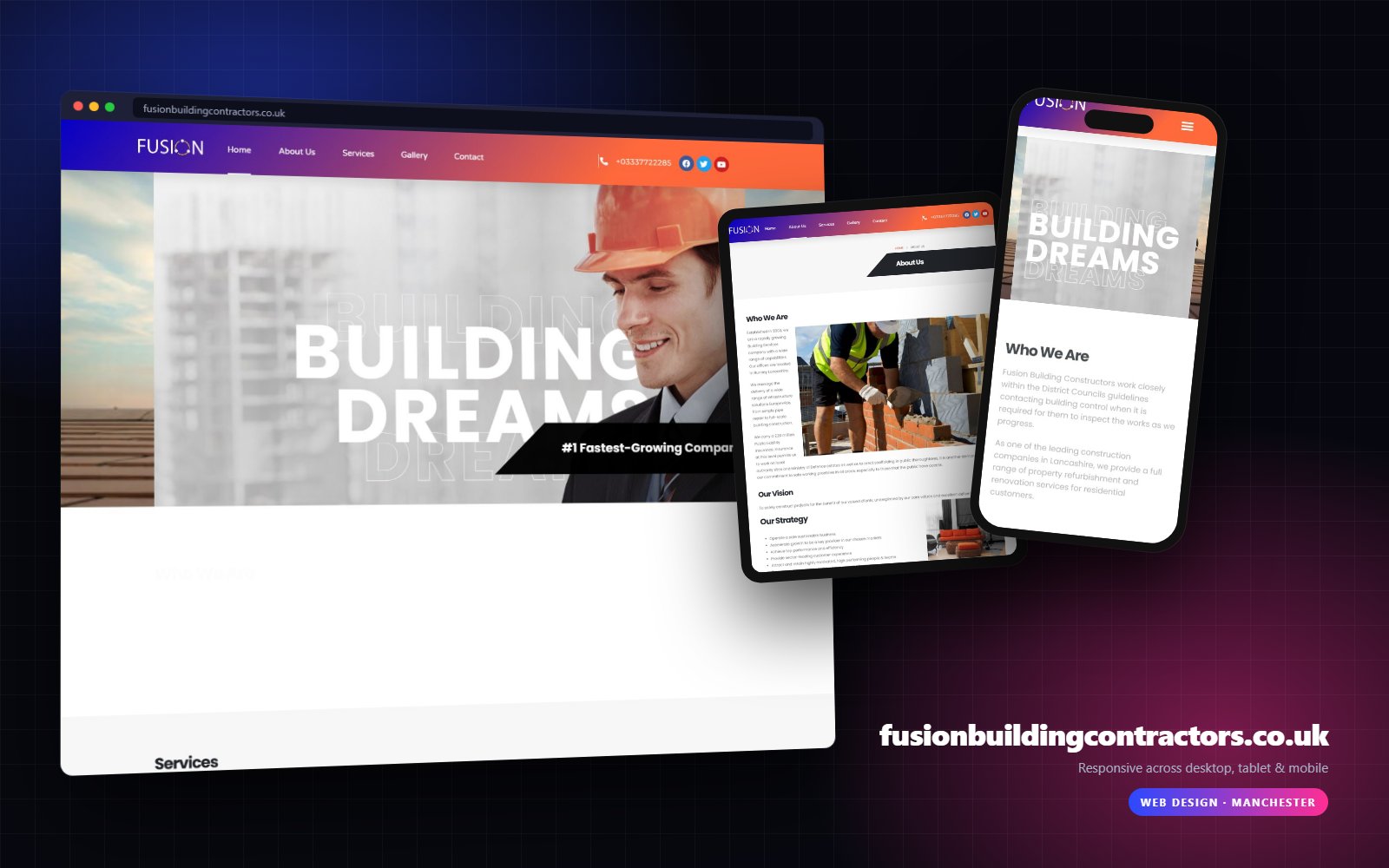 fusionbuildingcontractors.co.uk shown on desktop, tablet and mobile