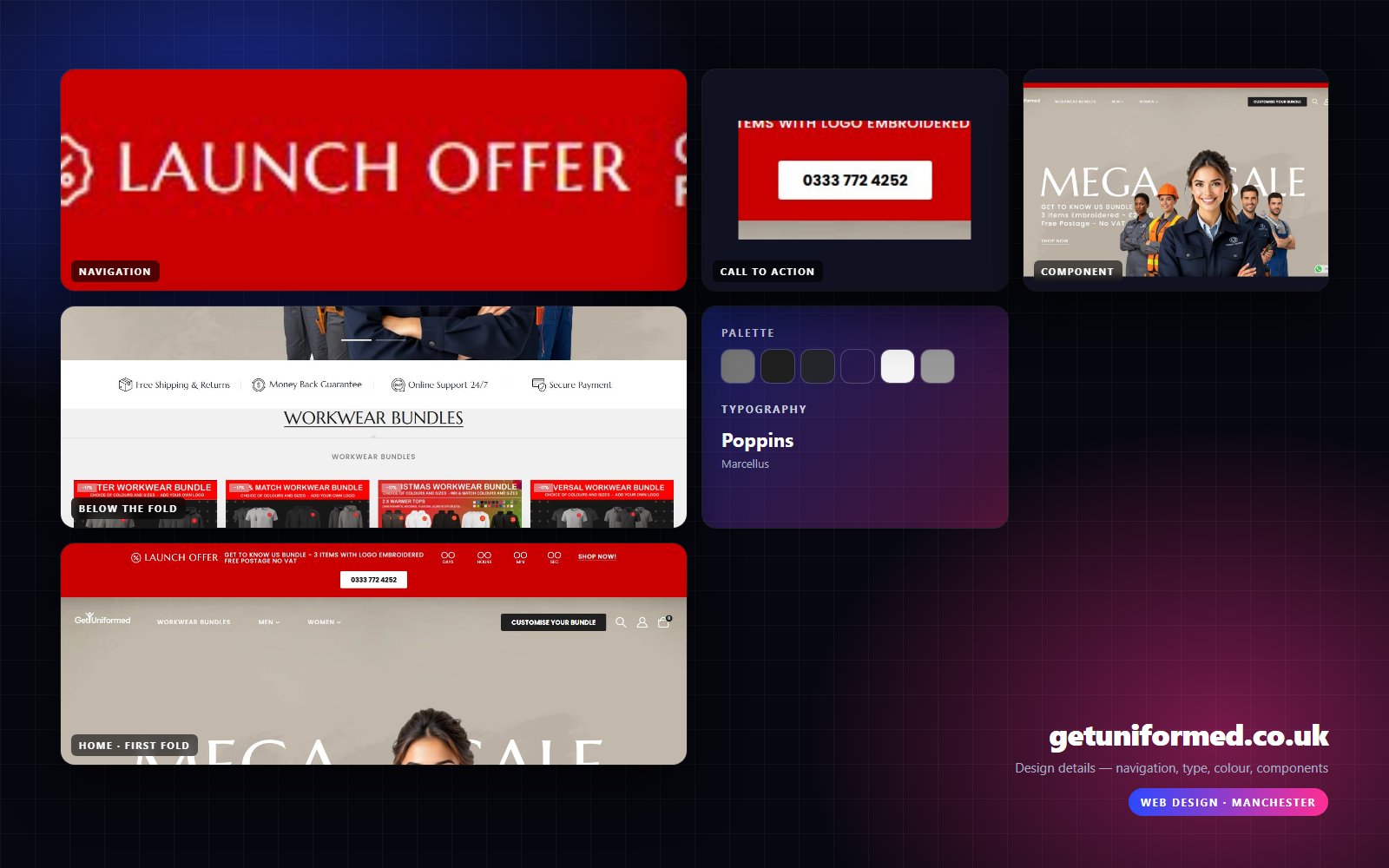 Design details from getuniformed.co.uk — navigation, headline, buttons, palette