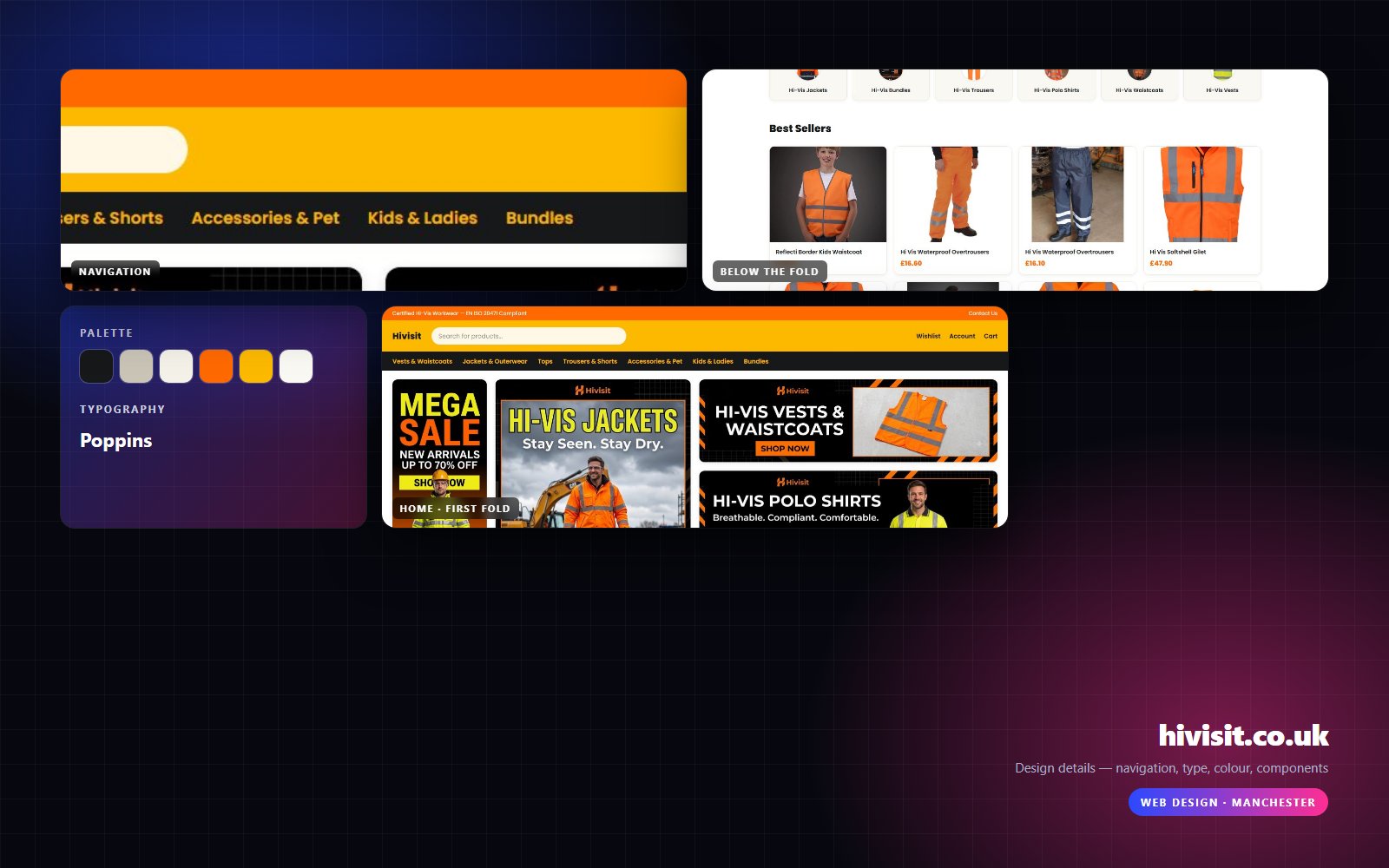 Design details from hivisit.co.uk — navigation, headline, buttons, palette