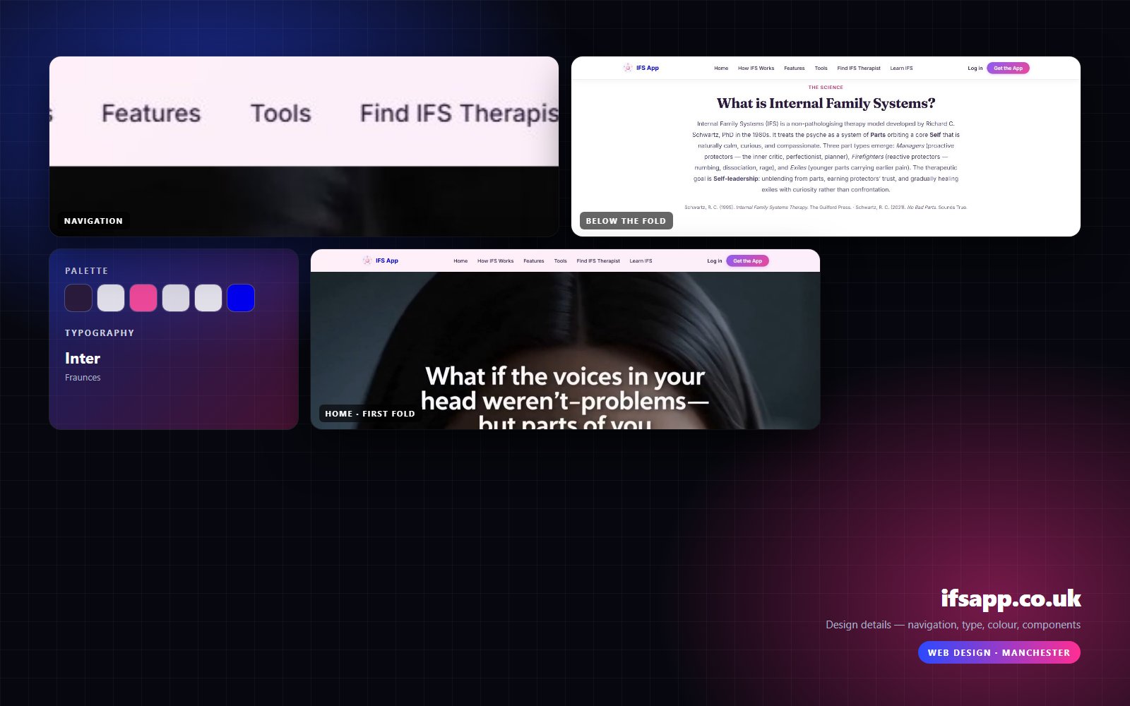 Design details from ifsapp.co.uk — navigation, headline, buttons, palette