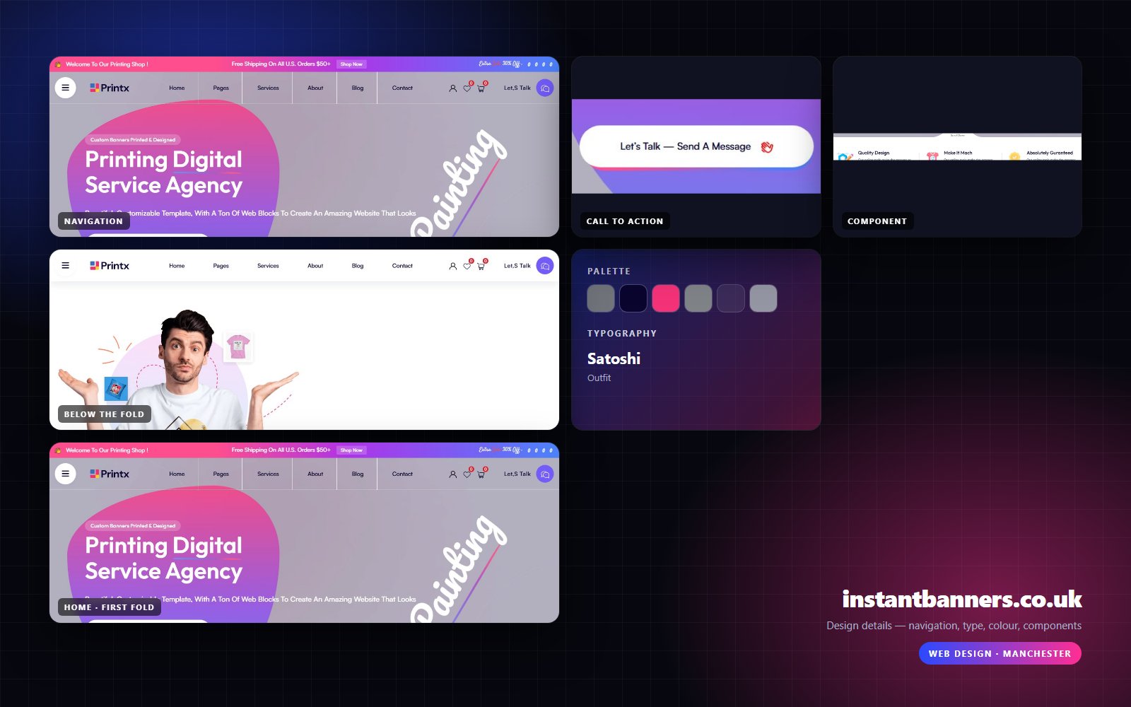 Design details from instantbanners.co.uk — navigation, headline, buttons, palette