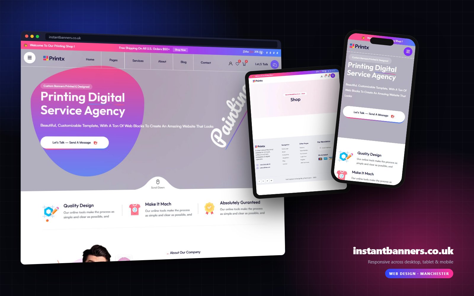 instantbanners.co.uk shown on desktop, tablet and mobile