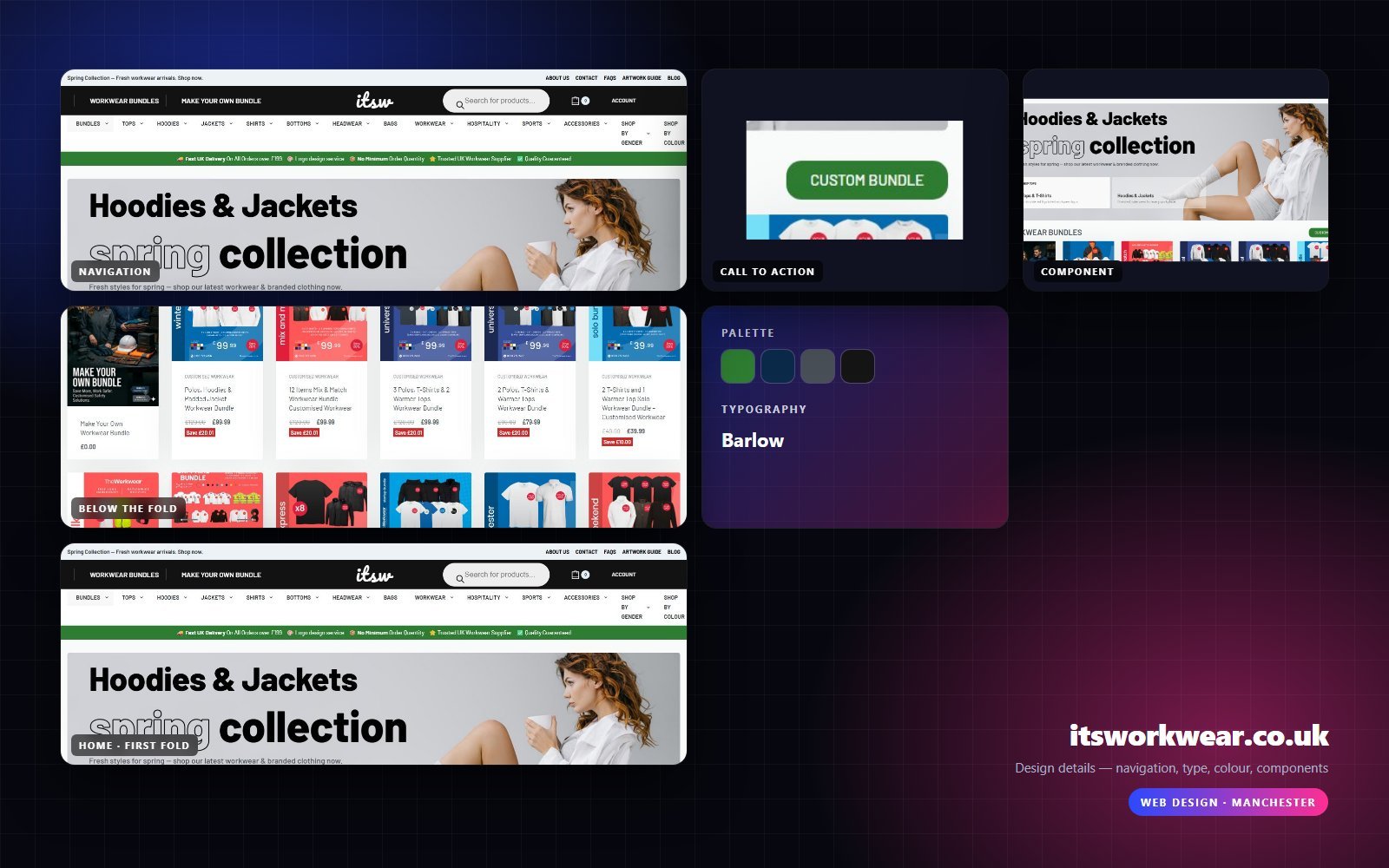 Design details from itsworkwear.co.uk — navigation, headline, buttons, palette